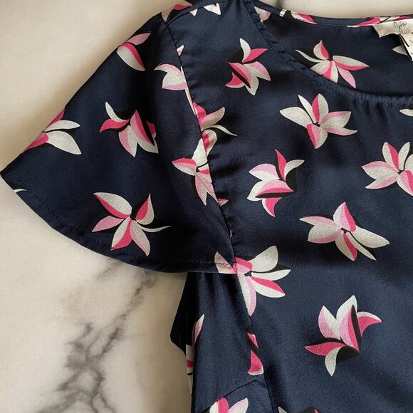 Joie Silk Navy and Floral Short Sleeve Blouse - Picture 5 of 8